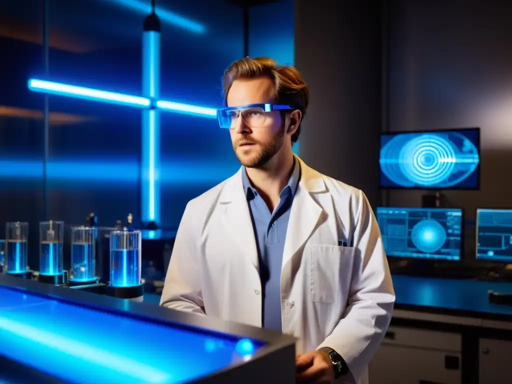 Un físico llevando a cabo una experimentación en mecánica cuántica en un laboratorio de alta tecnología