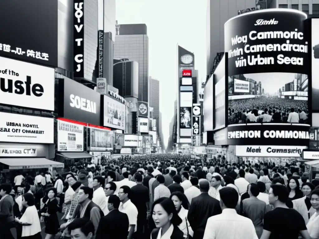 Foto en blanco y negro de una bulliciosa calle urbana llena de vallas publicitarias y letreros de neón