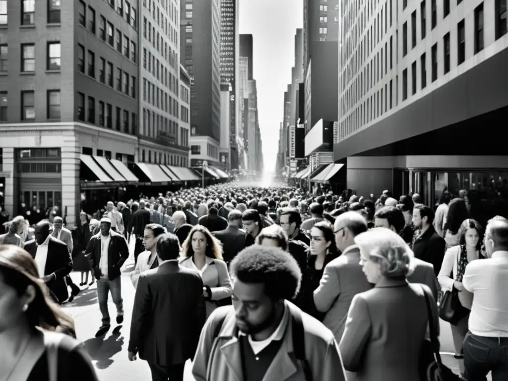 Una foto en blanco y negro de una concurrida calle de la ciudad, capturando la soledad y la incertidumbre existencial