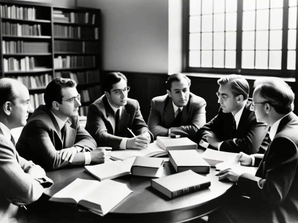 Foto en blanco y negro de la Escuela de Fráncfort discutiendo, con libros y papeles