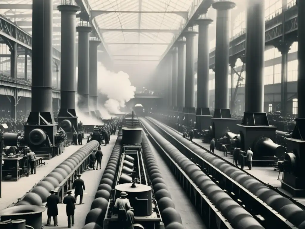 Foto en blanco y negro de una fábrica abarrotada del siglo XX, con trabajadores laborando entre maquinaria imponente y chimeneas humeantes