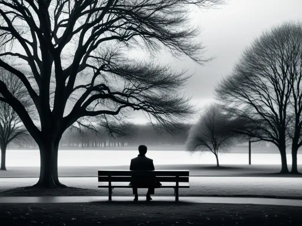 Una foto en blanco y negro muestra a una figura solitaria en un banco del parque, rodeada de árboles desnudos