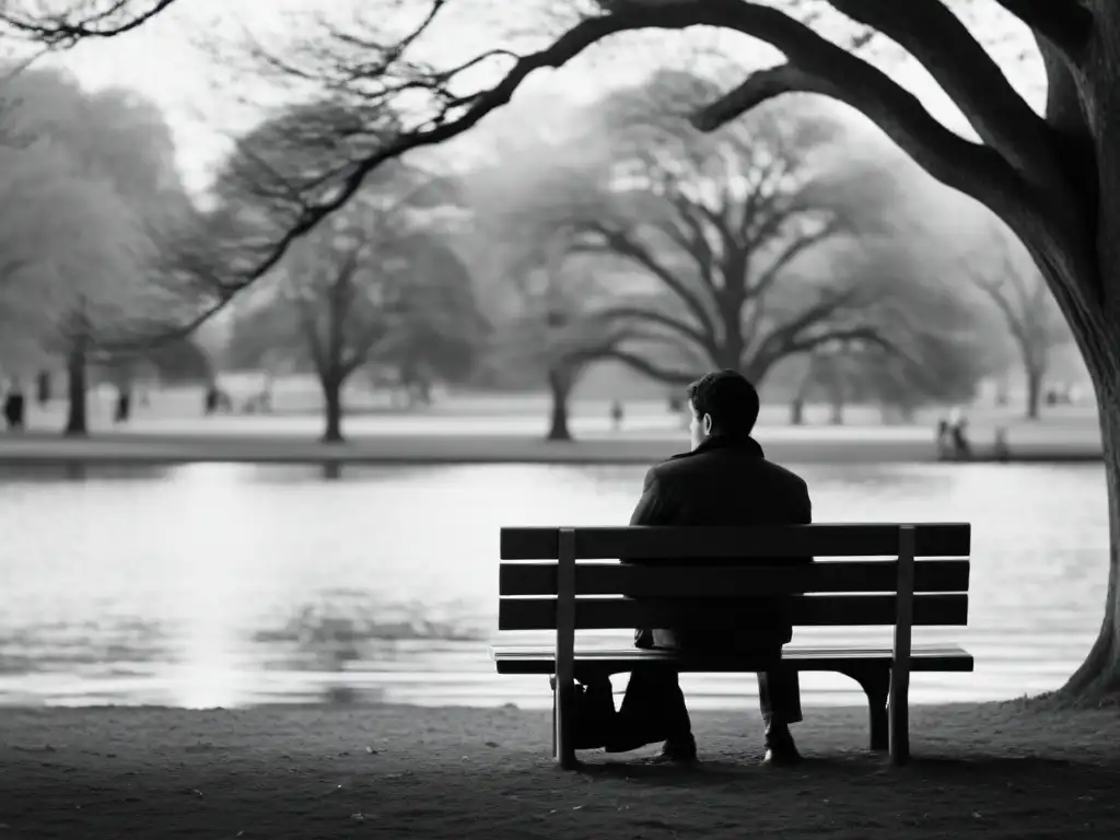 Foto en blanco y negro de una persona reflexiva en un banco del parque, capturando la relación entre filosofía existencialista y psicología humanista