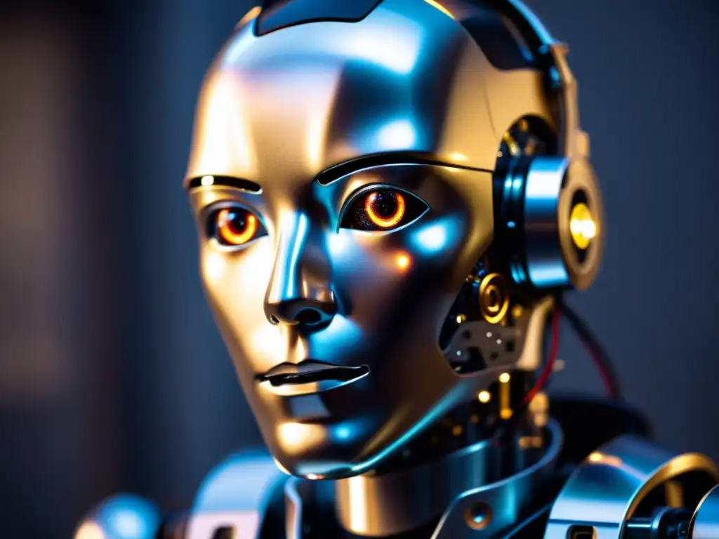 Una foto cercana del rostro de un robot con ojos expresivos, complejos cables y rasgos metálicos