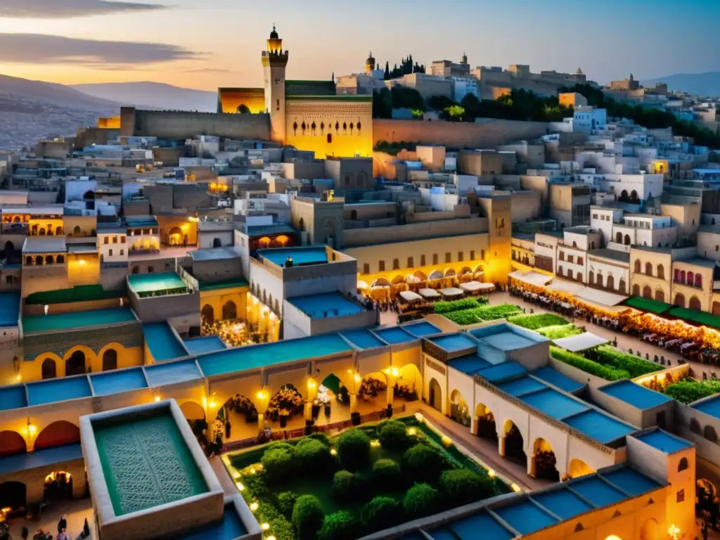Foto detallada de la medina de Fez, Marruecos, con calles laberínticas, mercados bulliciosos y arquitectura tradicional