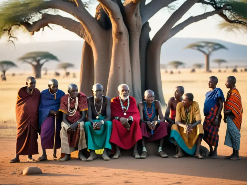 Una fotografía detallada muestra a ancianos de la tribu Maasai en la sabana africana, bajo un árbol baobab