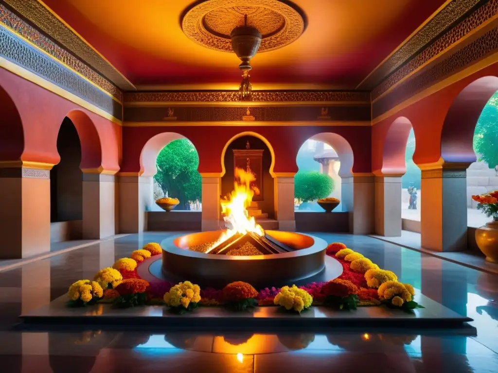 El fuego eterno en el templo zoroástrico ilumina ofrendas y rostros en devoción