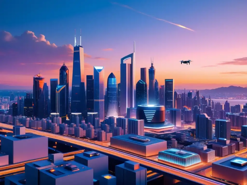 Futurista ciudad con inteligencias artificiales, robots y tecnología avanzada, reflejando los Derechos de las Inteligencias Artificiales