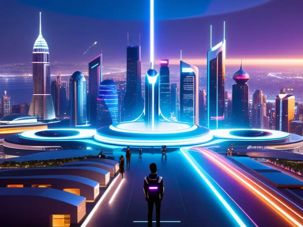 Futurista ciudad nocturna con rascacielos iluminados, autos voladores y discusión sobre ética robótica
