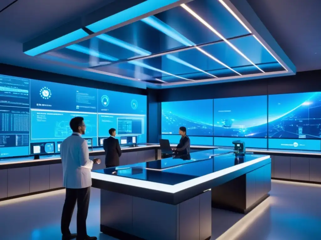 Laboratorio de Inteligencia Artificial: Innovación y Colaboración En el futurista laboratorio de IA, científicos y robots colaboran en un ambiente innovador y ético