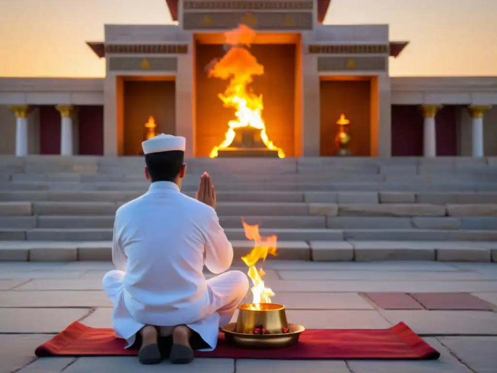 Futuro del Zoroastrismo: Adoradores en oración ante el templo del fuego, iluminados por la llama eterna, bajo un atardecer sereno y reverente