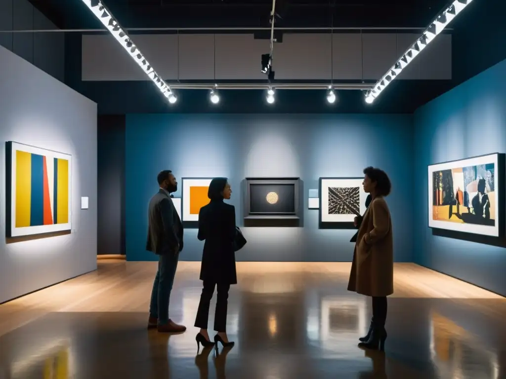 Explora la galería de arte postmoderno: influencias y significados, con obras intrigantes y visitantes inmersos en contemplación
