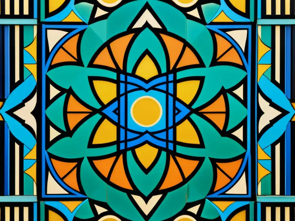 Patrón geométrico islámico tradicional en vibrantes colores, exhibiendo intrincados diseños simétricos en una pared embellecida con azulejos