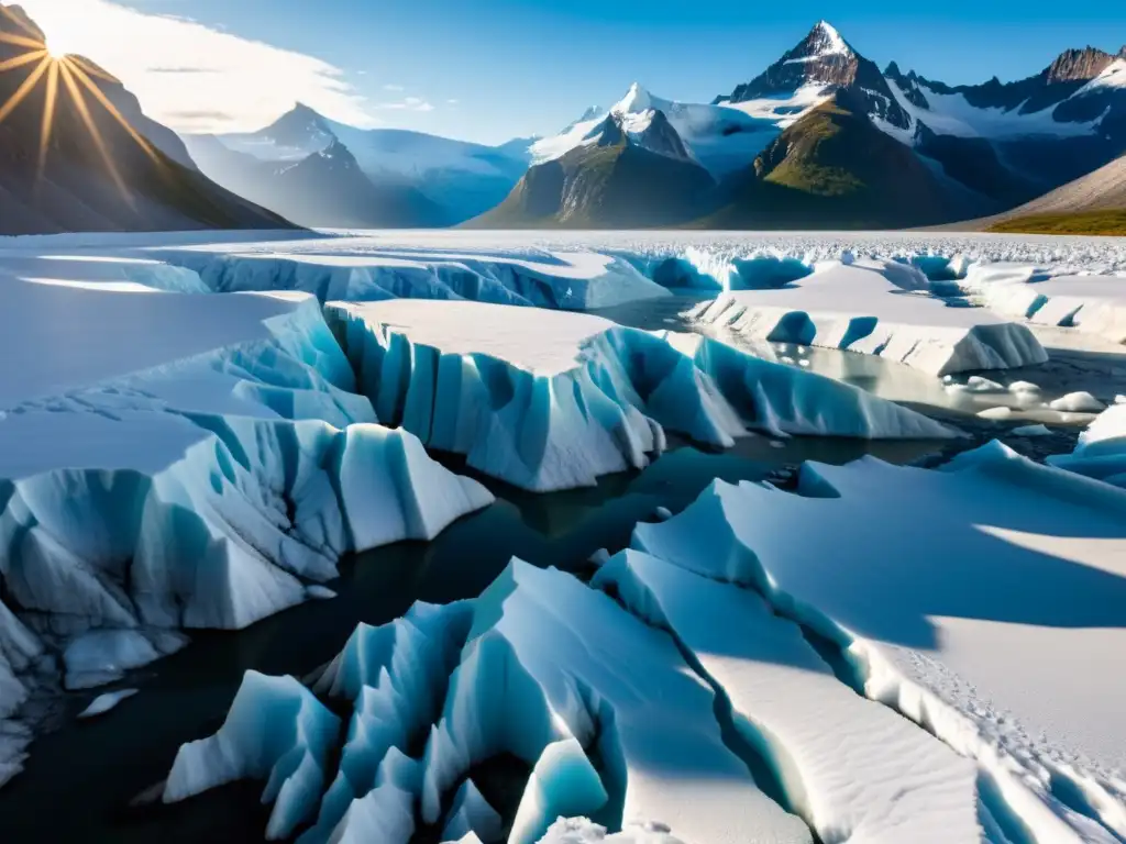 Un glaciar en deshielo iluminado por el sol, con detalles cristalinos y una red de grietas