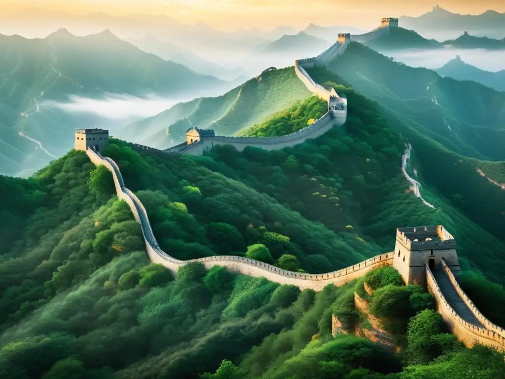 La Gran Muralla China serpentea entre montañas brumosas al amanecer, simbolizando el legado del Confucianismo y los derechos humanos globales