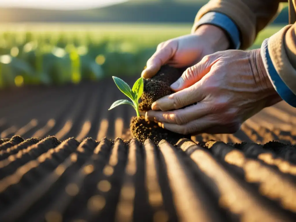 Un granjero siembra semillas con sabiduría y propósito al amanecer, mostrando enseñanzas bíblicas de inversión estratégica
