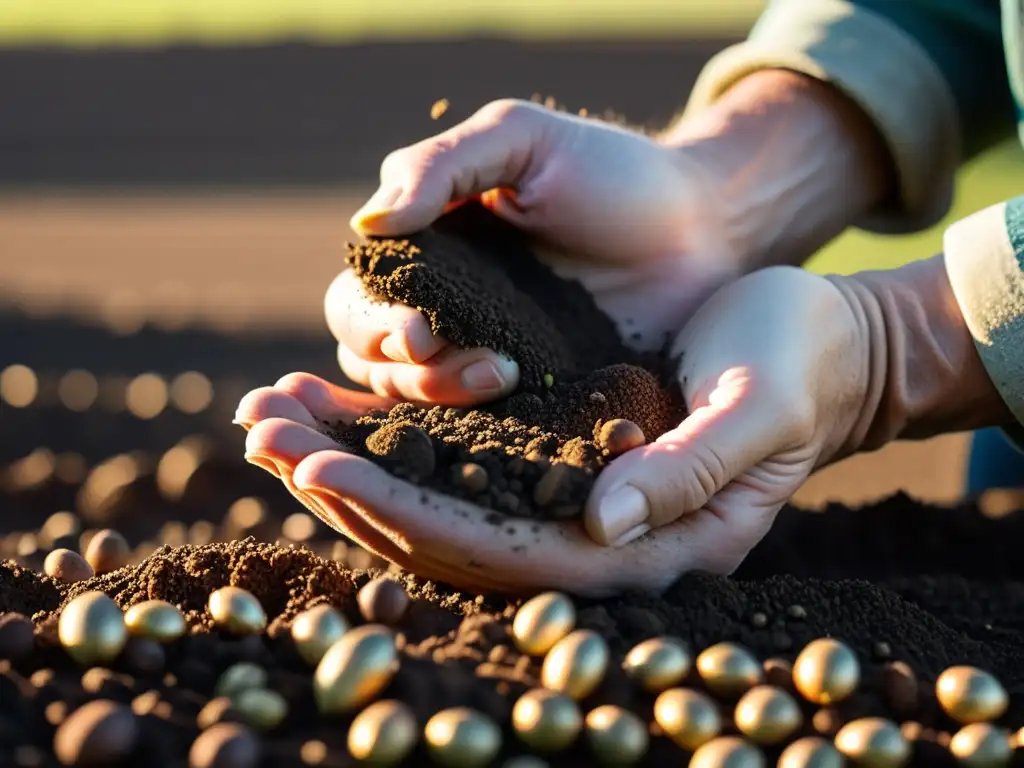 Un granjero siembra semillas en tierra fértil bajo el cálido sol
