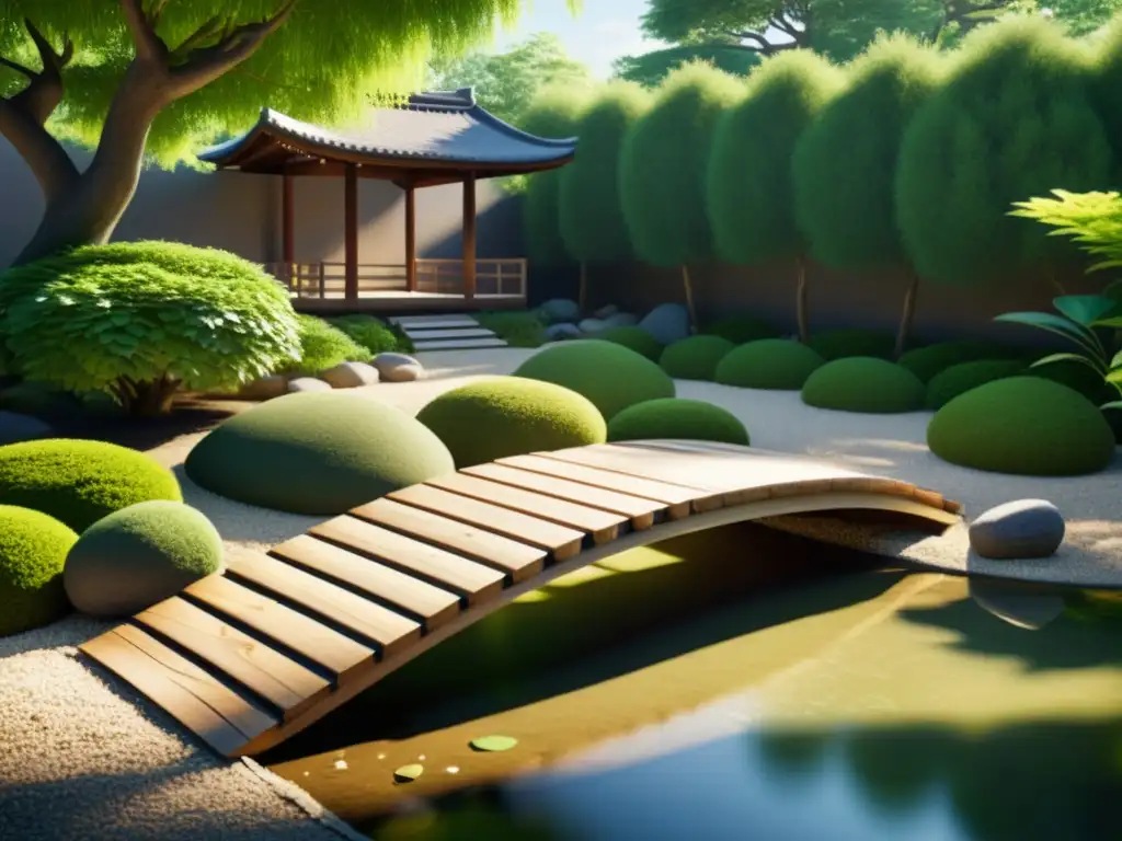 Jardín zen con gravilla cuidadosamente rastrillada, rocas, puente de madera y estanque, creando equilibrio mental en filosofías del mundo