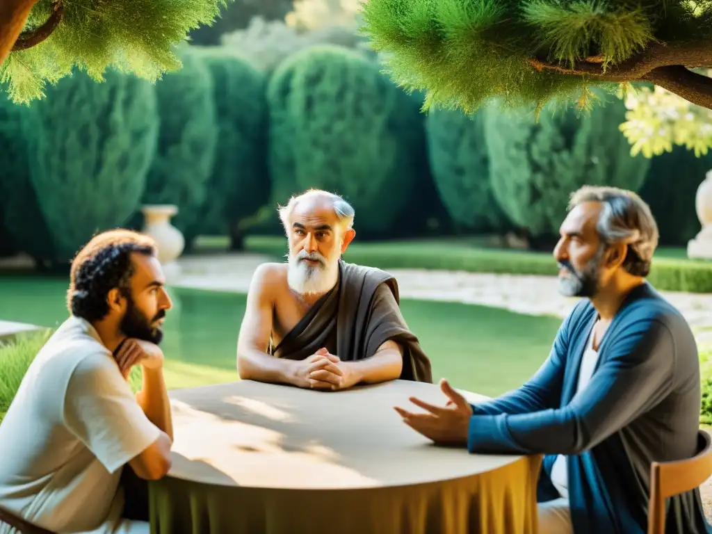 Comparación filosofía griega pensamiento oriental: Animada discusión entre filósofos griegos y orientales en un jardín sereno