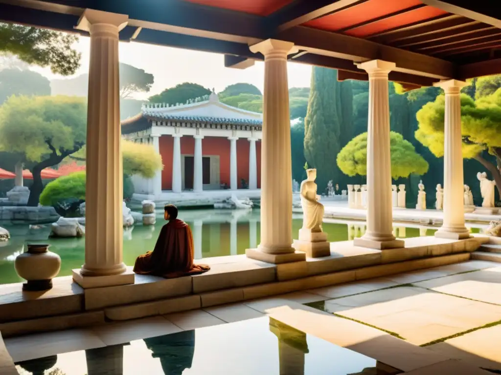 Comparación de la filosofía griega y el pensamiento oriental en imagen de ágora helena y jardín chino con sabios en debate y meditación