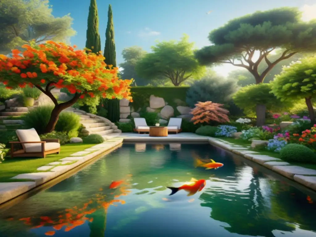 Un jardín griego antiguo, con exuberante vegetación, flores vibrantes y un estanque sereno con peces koi