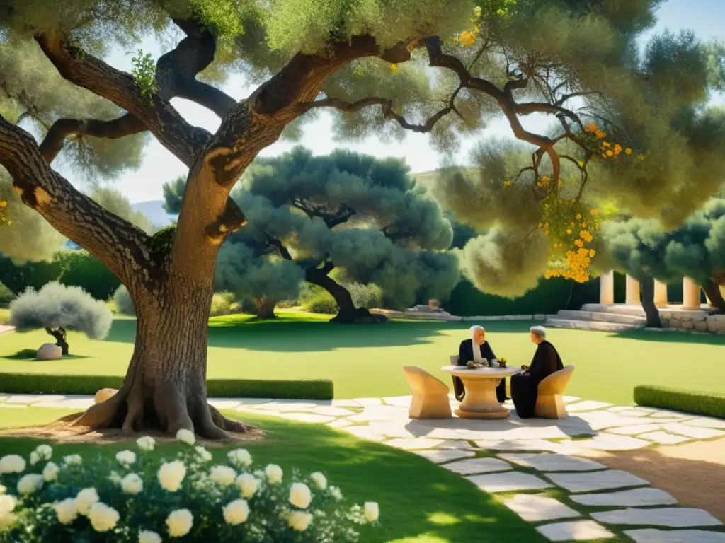 Un jardín griego sereno y bañado por el sol, con filósofos debatiendo bajo un olivo