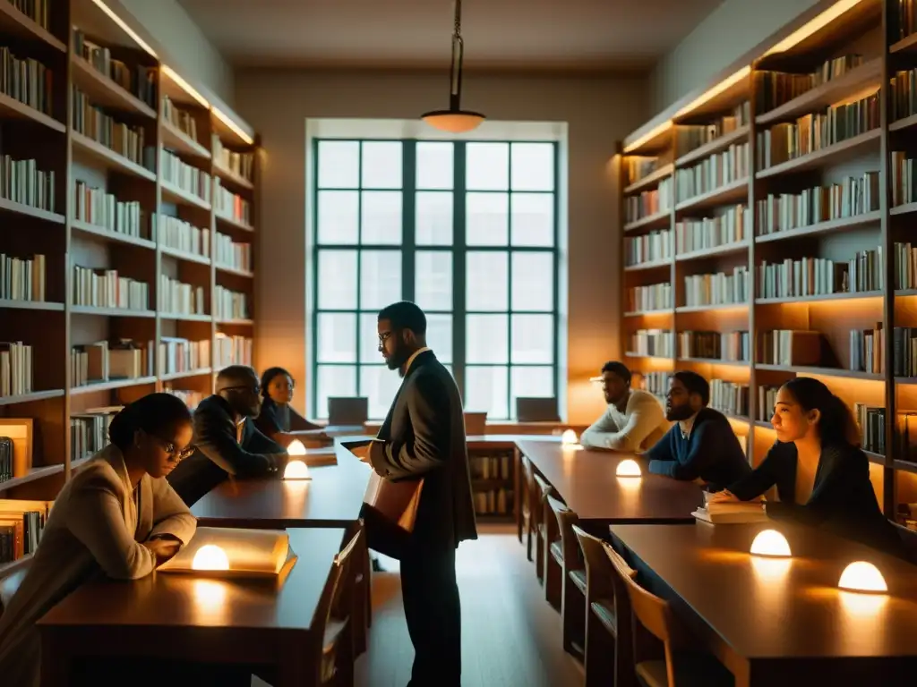 Un grupo de académicos diversos discute apasionadamente en una biblioteca iluminada por la luz natural