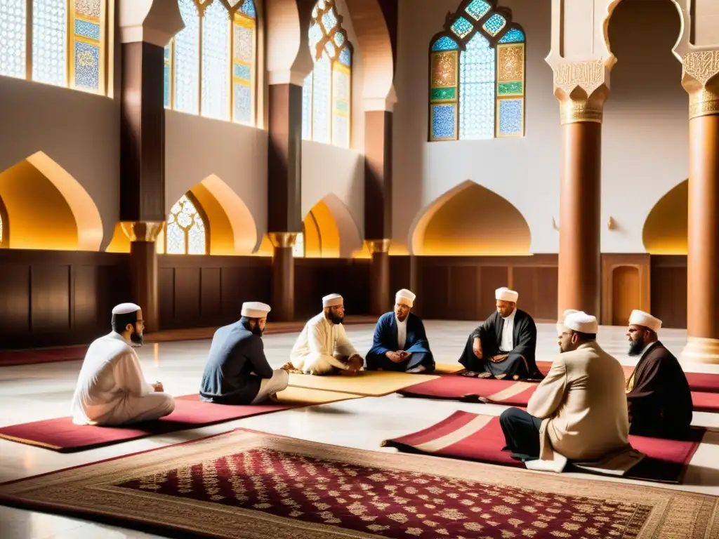 Grupo de académicos discuten la Filosofía de la jurisprudencia Sharia en una mezquita grandiosa, rodeados de antiguos textos y luz cálida