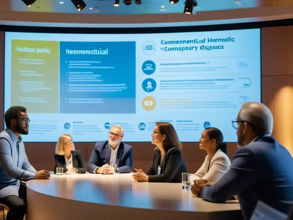 Debate académico de hermenéutica contemporánea Grupo de académicos debatiendo intensamente sobre hermenéutica contemporánea en conferencia académica iluminada