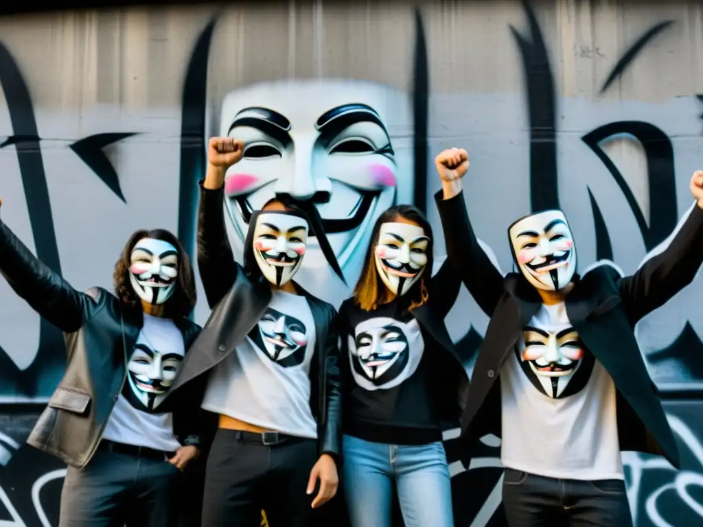 Grupo de activistas con máscaras de Guy Fawkes frente a un muro graffiteado, levantando los puños en señal de resistencia anarquista en la era digital