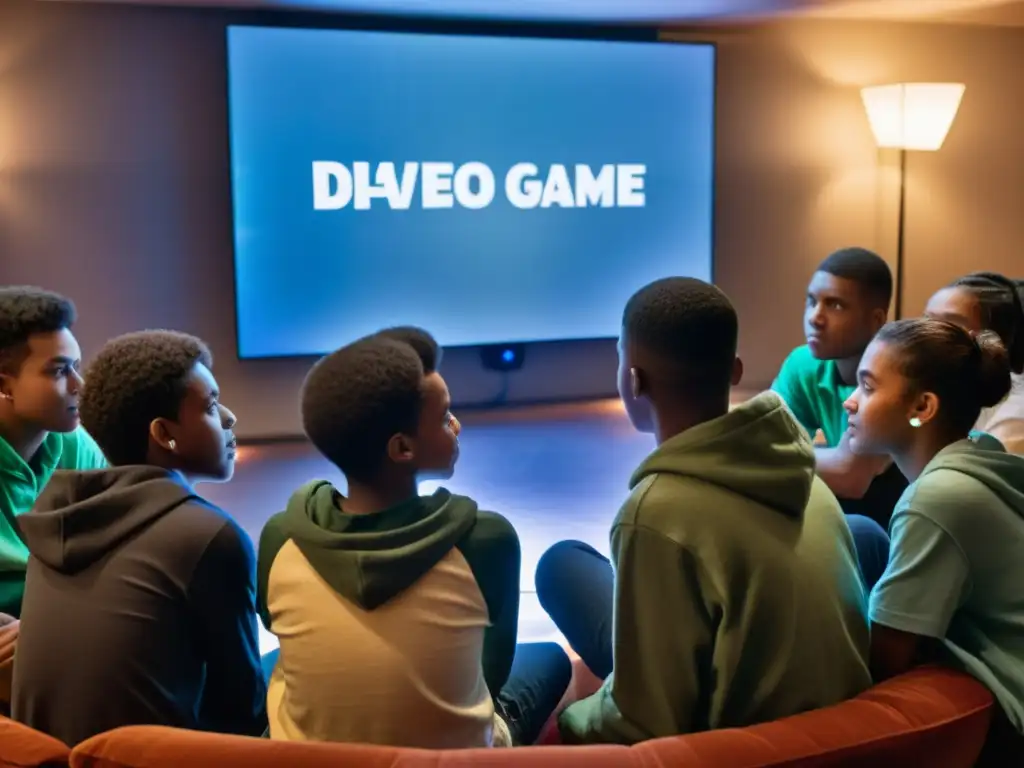 Un grupo de adolescentes diversos discuten animadamente mientras juegan un videojuego que desafía tu ética en una habitación con atmósfera inmersiva