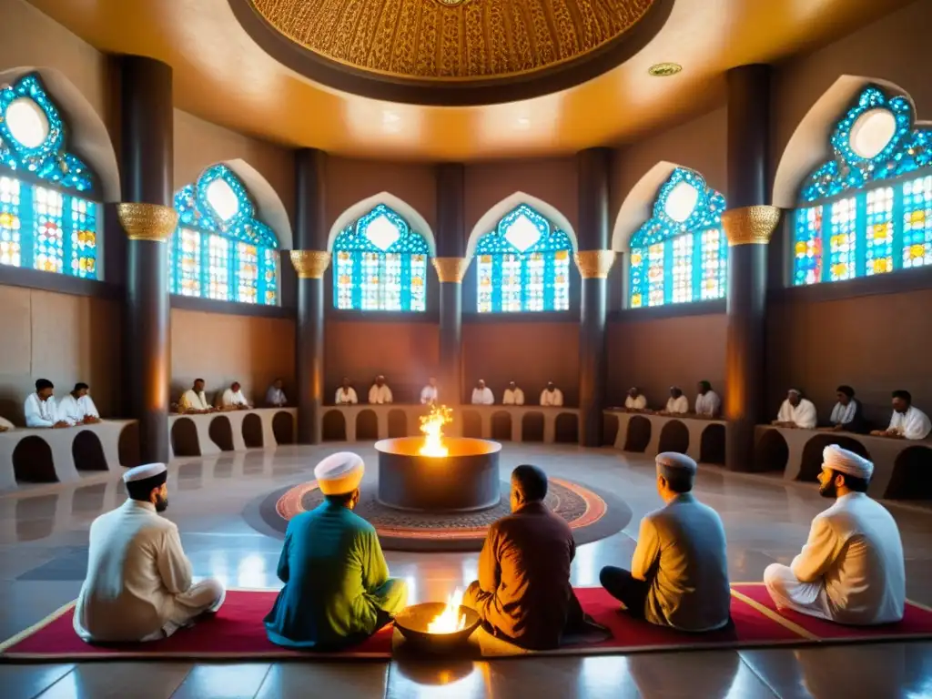 Un grupo de adoradores zoroastrianos reúne en un hermoso templo, sumergidos en oración y contemplación, iluminados por la suave luz natural