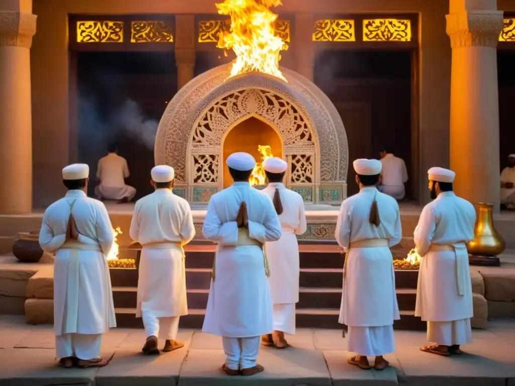 Grupo de adoradores zoroastrianos en un templo de fuego, realizando actos de fe en zoroastrismo