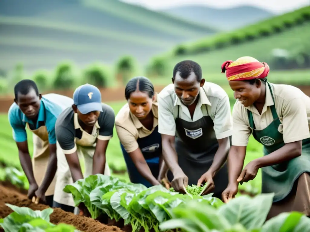 Un grupo de agricultores locales trabaja en cooperativa, cultivando cosechas sostenibles