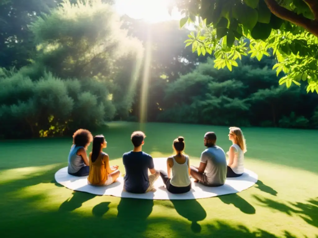 Grupo meditando al aire libre, inmersos en la tranquilidad y claridad mental