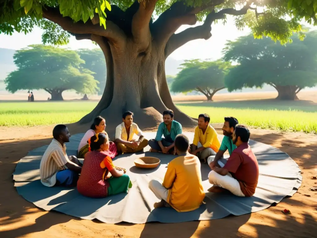 Un grupo de aldeanos comparten historias bajo un árbol, transmitiendo la esencia de la filosofía Ubuntu en África subsahariana
