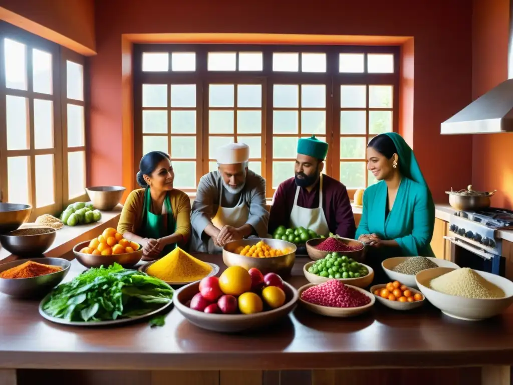Un grupo prepara alimentos en una cocina Sufi, transmitiendo serenidad y colaboración en la dieta Sufi para equilibrio espiritual