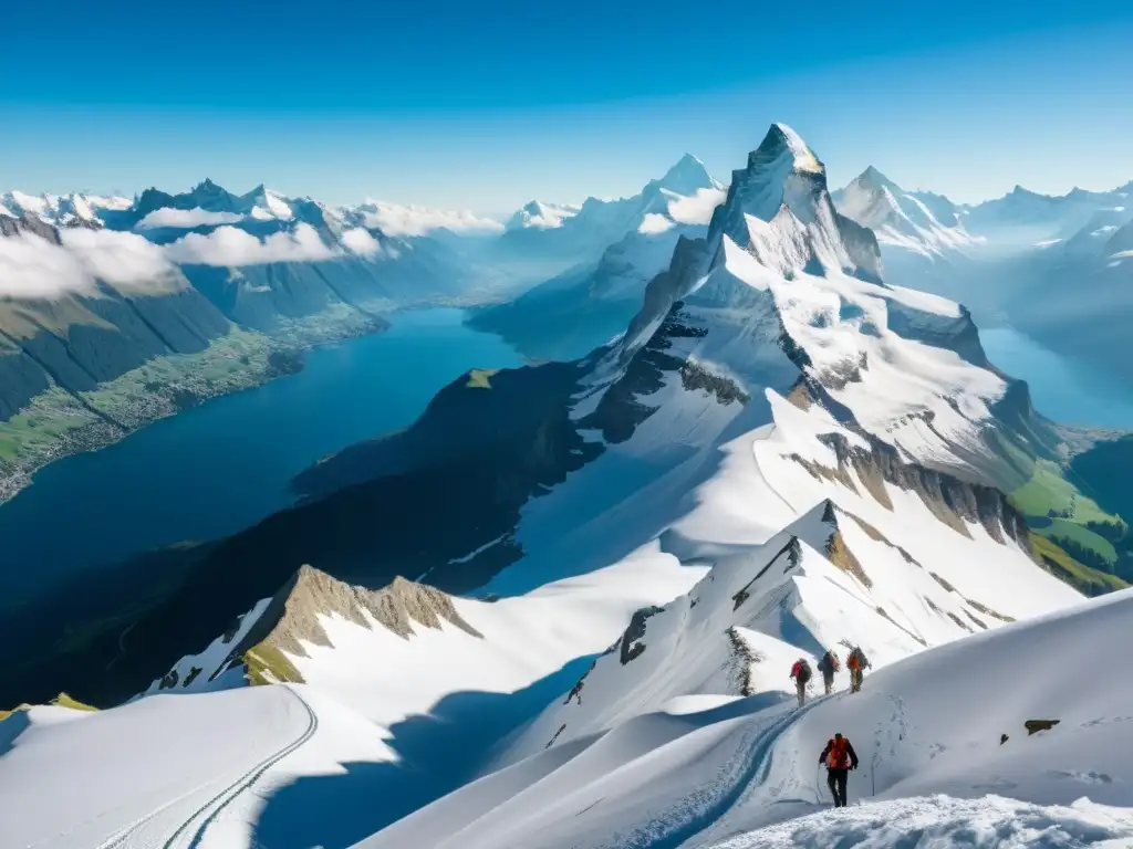 Un grupo de alpinistas recorre las majestuosas alturas de los Alpes Suizos, destacando su belleza y espíritu aventurero