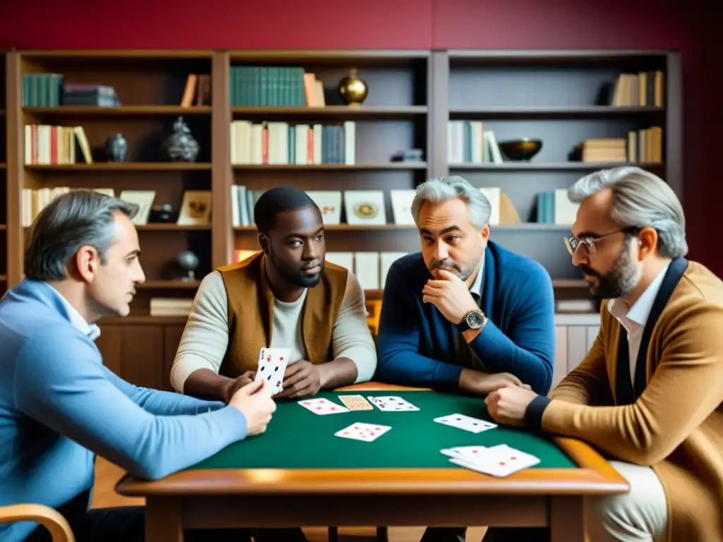 Grupo de amigos debatiendo apasionadamente sobre juegos de cartas filosóficos en acogedora sala llena de libros clásicos