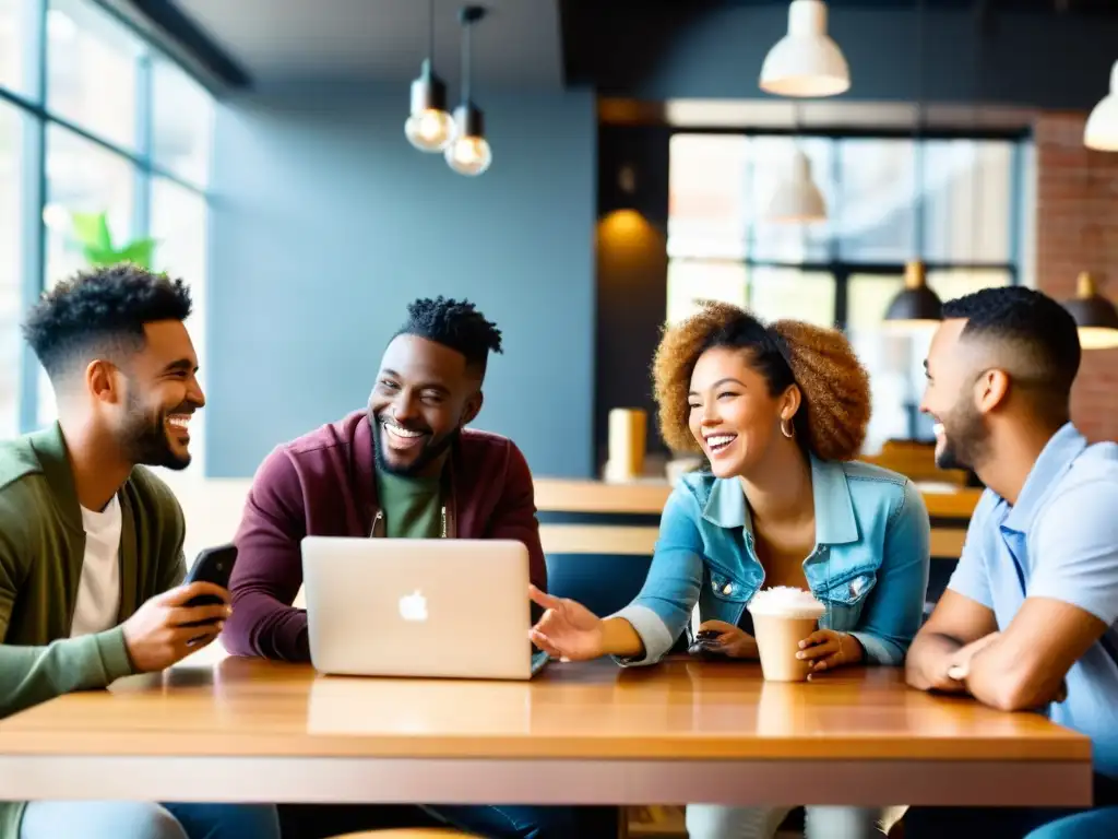 Un grupo de amigos diversos conversando animadamente en una cafetería, con dispositivos electrónicos y aplicaciones de redes sociales en pantalla