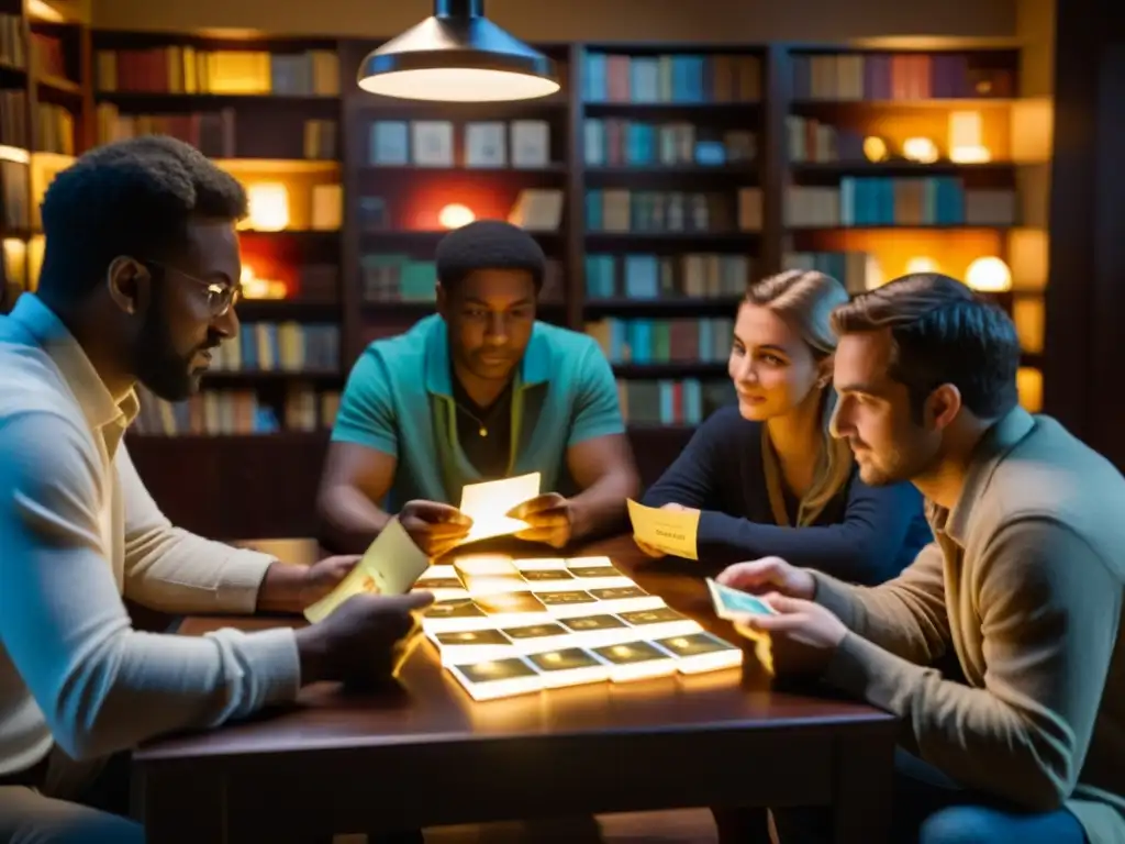 Un grupo de amigos disfruta de un juego de cartas filosófico en una habitación íntima, inmersos en debates apasionados y camaradería