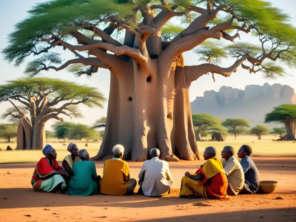 Grupo de ancianos africanos bajo un baobab, inmersos en profunda conversación