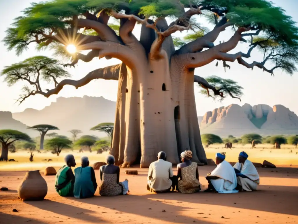 Un grupo de ancianos africanos se reúnen bajo un baobab para discutir, rodeados de símbolos culturales