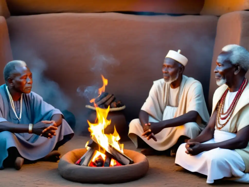 Grupo de ancianos africanos en discusión sobre filosofías de la muerte, iluminados por el fuego sagrado