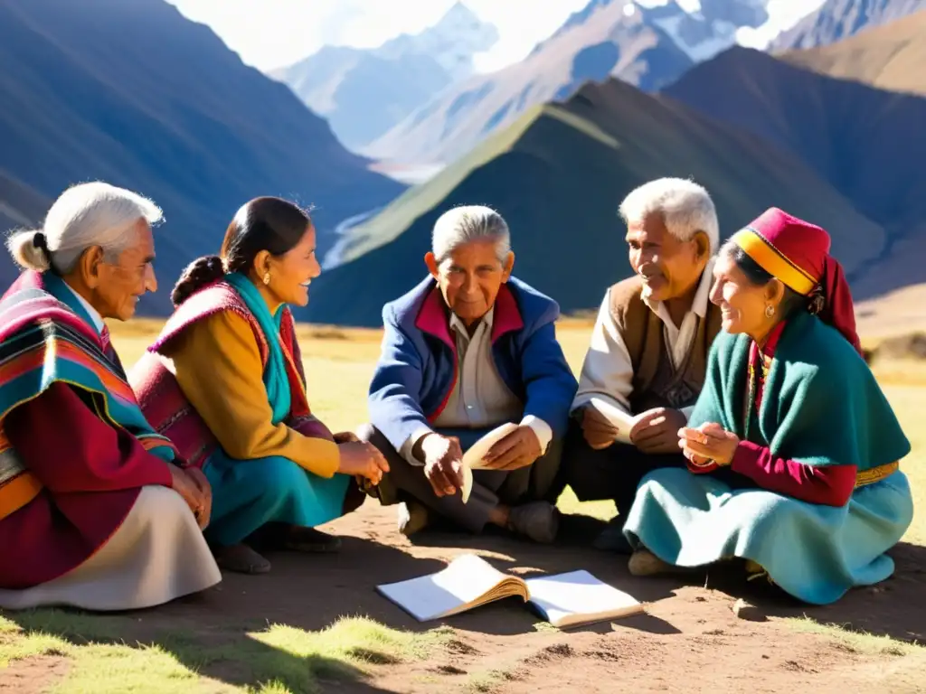 Grupo de ancianos y ancianas andinas transmitiendo conocimiento a joven en círculo, con coloridos trajes tradicionales y montañas nevadas de fondo