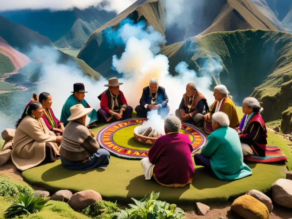Un grupo de ancianos andinos se reúne en una ceremonia para honrar a Pachamama, rodeados de naturaleza exuberante