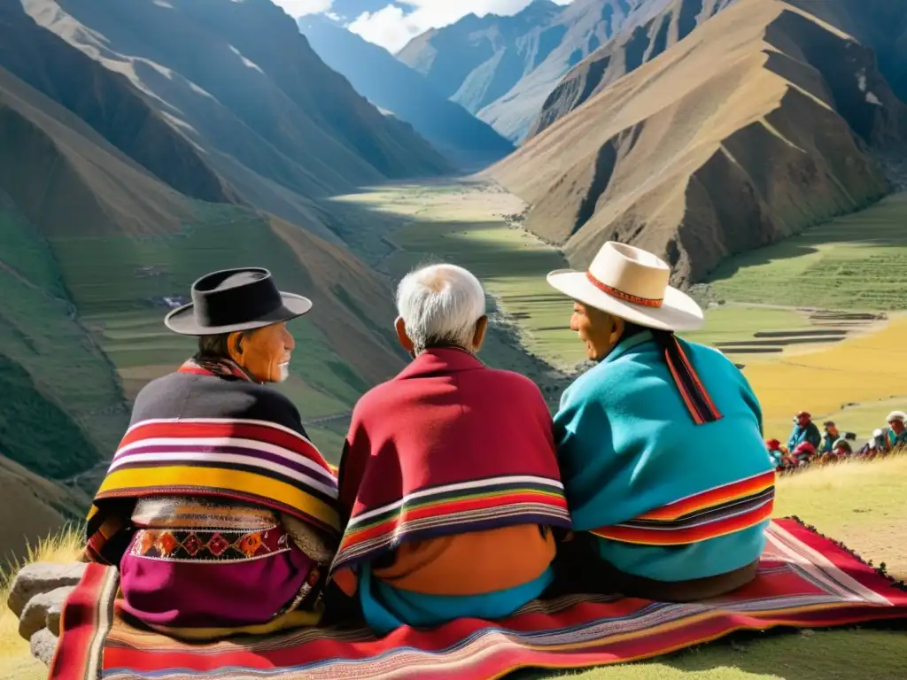 Grupo de ancianos andinos en discusión junto a textil inca, rodeados de montañas