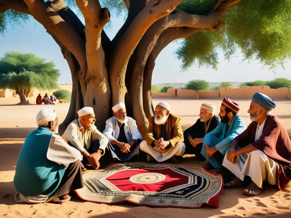 Grupo de ancianos en animada conversación bajo un árbol en una aldea norteafricana, transmitiendo la importancia de la oralidad en la filosofía norteafricana