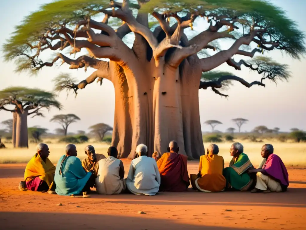 Grupo de ancianos en animada discusión bajo el baobab, enfoque filosófico subsahariano resolución conflictos