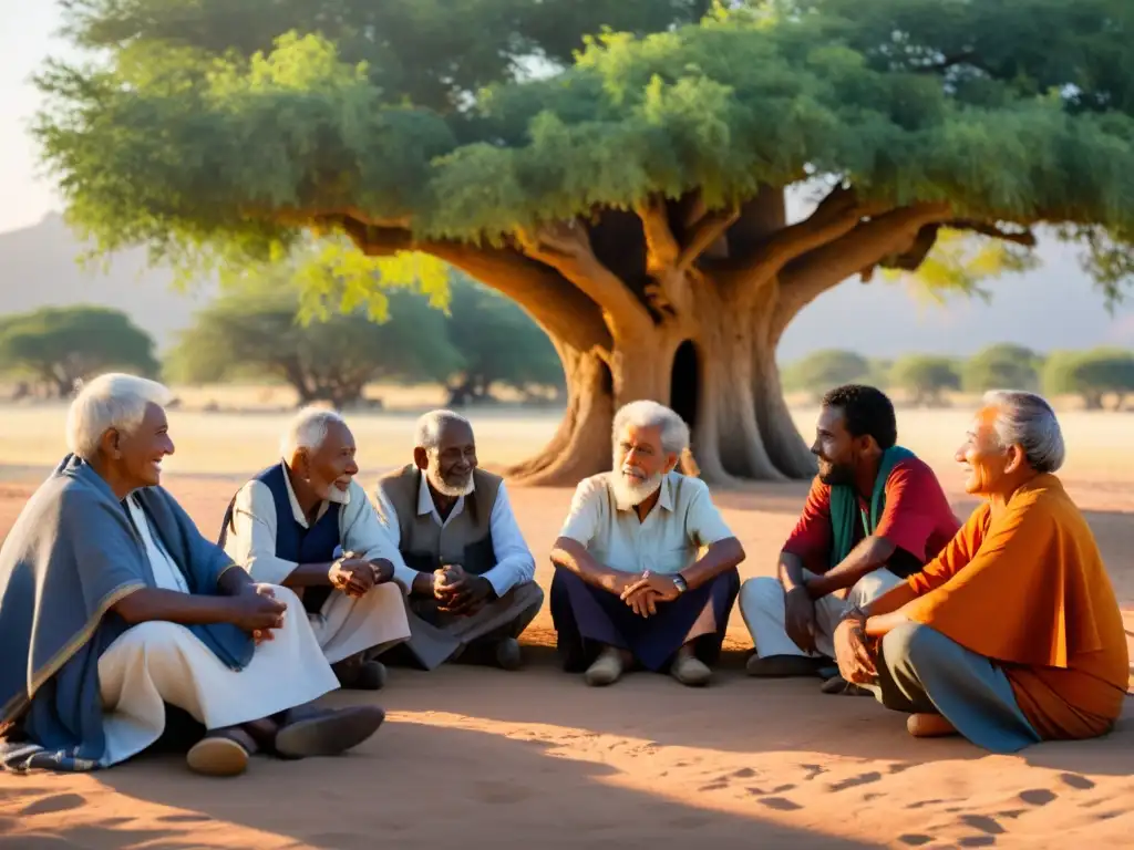 Grupo de ancianos comparte sabiduría y tradición caribeña bajo un árbol al atardecer